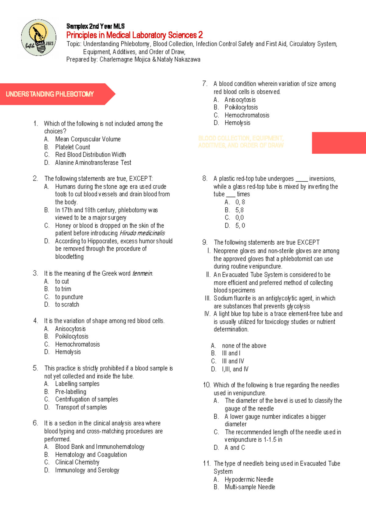 PMLS 2 Final Exam Review: Phlebotomy and Blood Collection Fundamentals ...