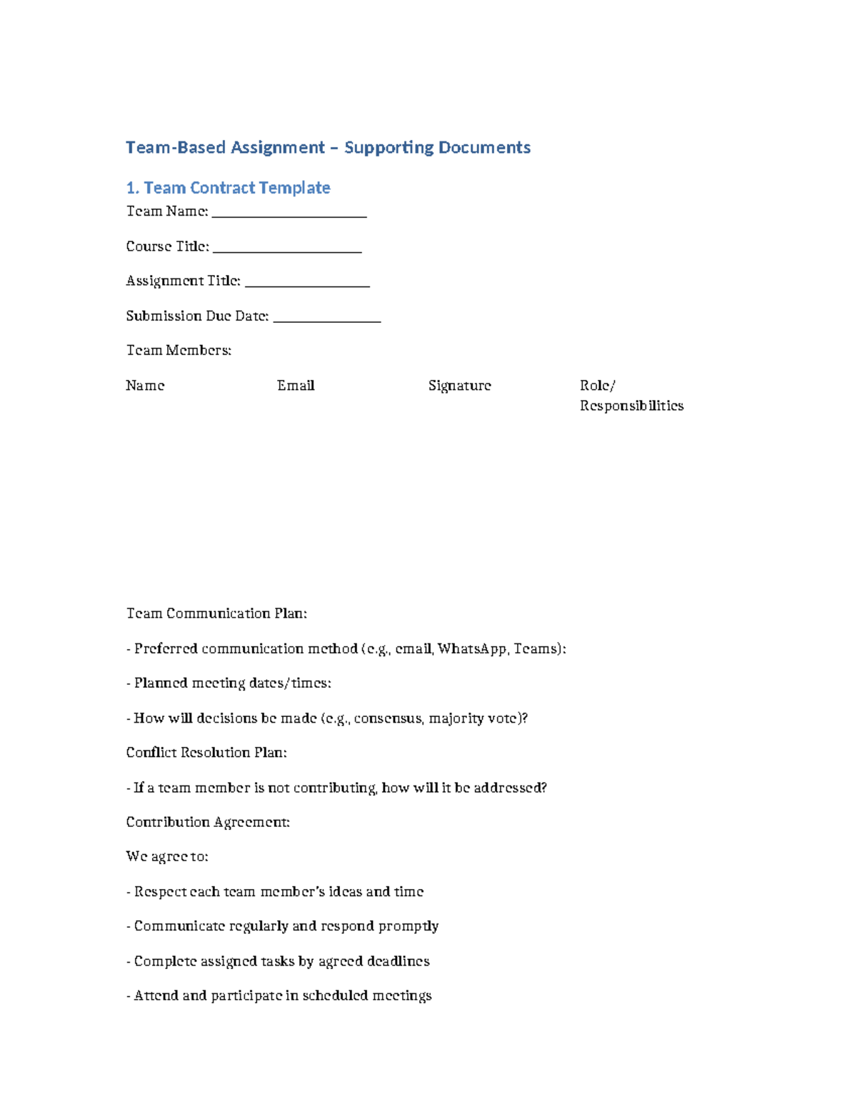 Updated Team Assignment Pack: Team Contract & Grading Rubric - Studocu