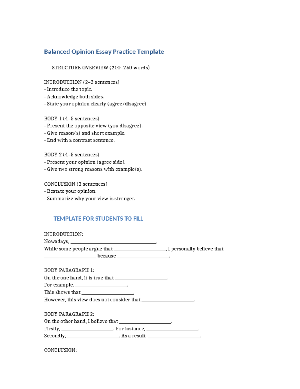 Balanced Opinion Essay Practice Template Guide - Studocu