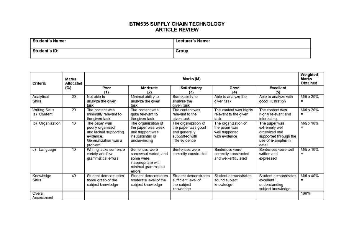 BTM535 Rubrics - Supply Chain and Operations Planning Review - Studocu