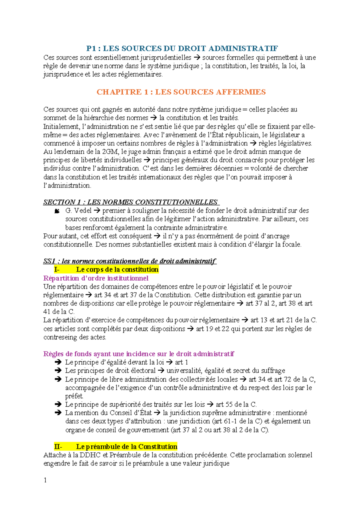 P1 : Chapitre 1 - Les Sources du Droit Administratif - Studocu