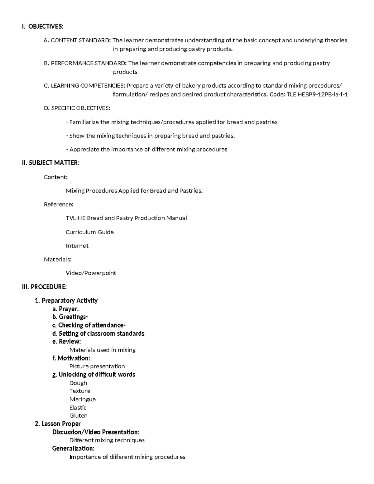 TLE HEBP9-12PB-la-f- Lesson Plan for Bread & Pastry Production - Studocu