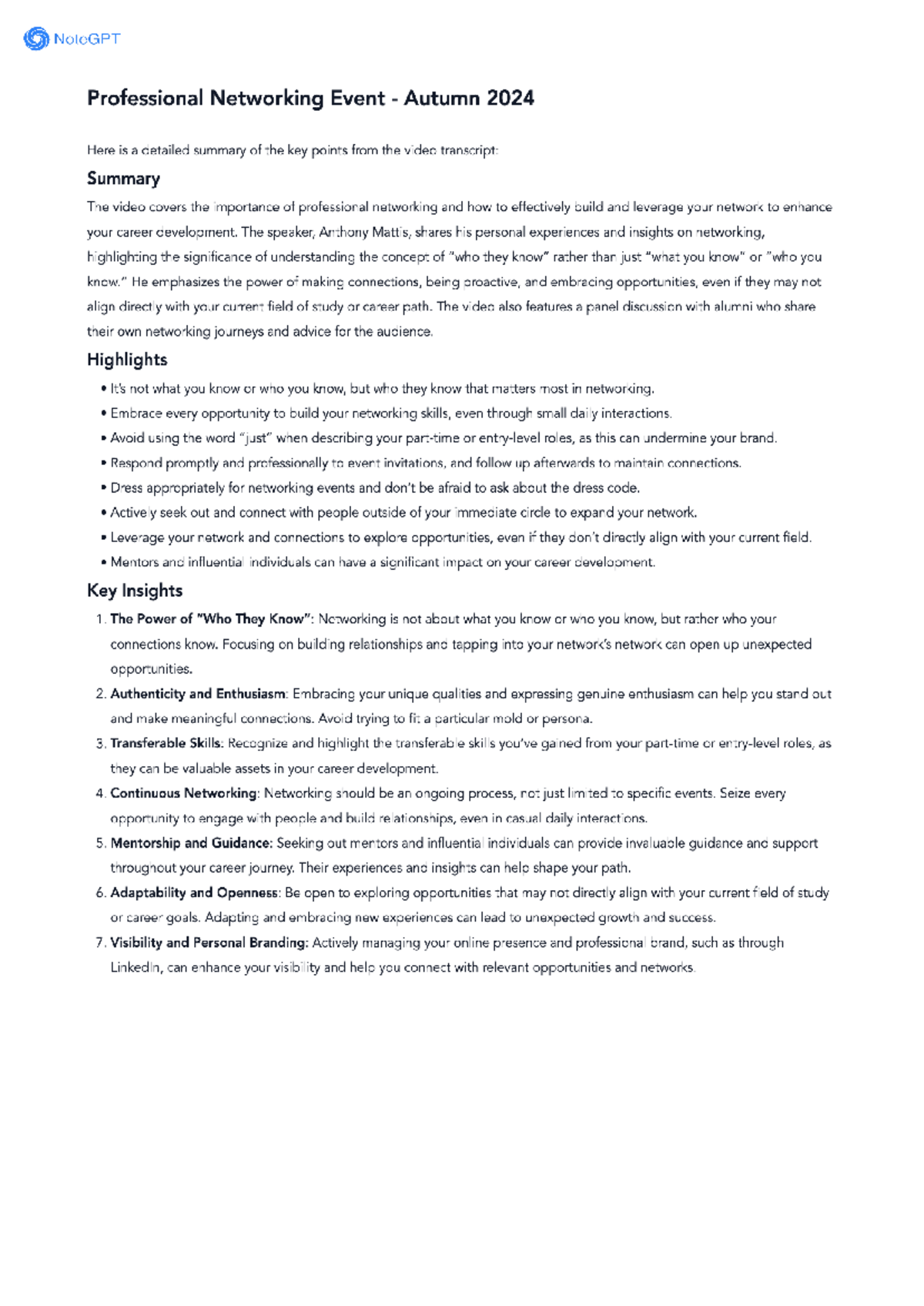 Professional Networking Event Summary - NoteGPT Autumn 2024 - Studocu