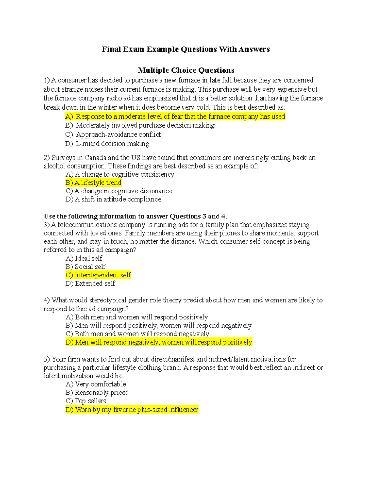 Final Exam Questions & Answers for Marketing 101: Consumer Behavior ...