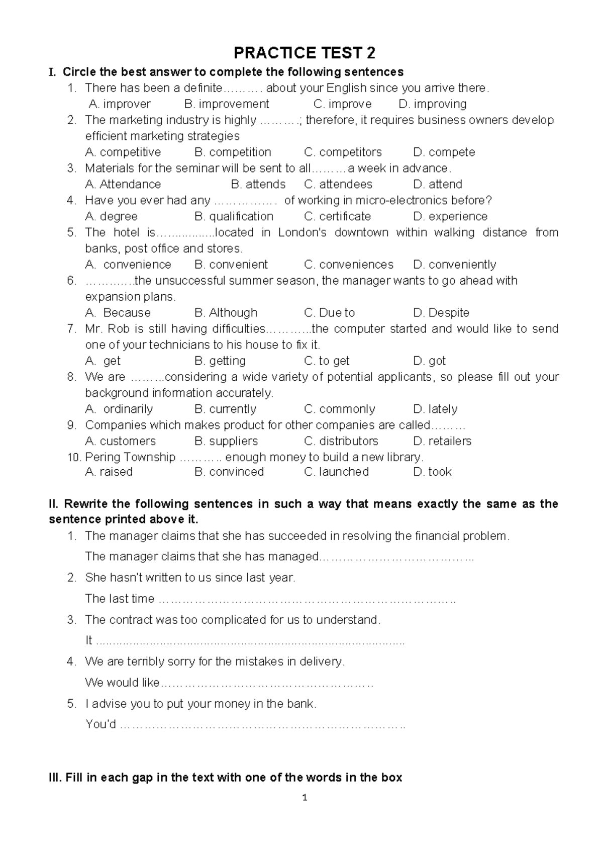 Practice Test 2 - English Language Proficiency Review - Studocu