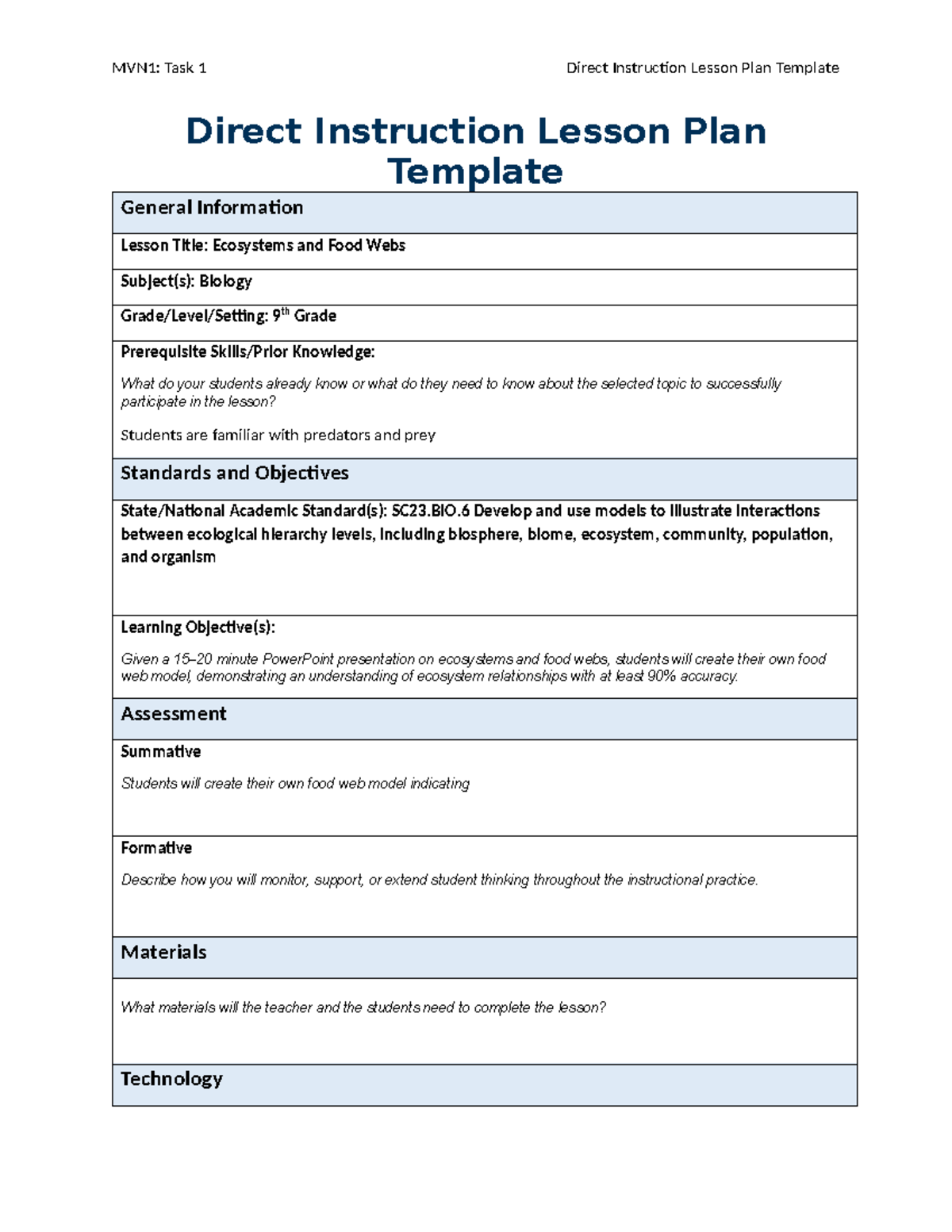 MVN1: Task 1 Direct Instruction Lesson Plan on Ecosystems and Food Webs ...