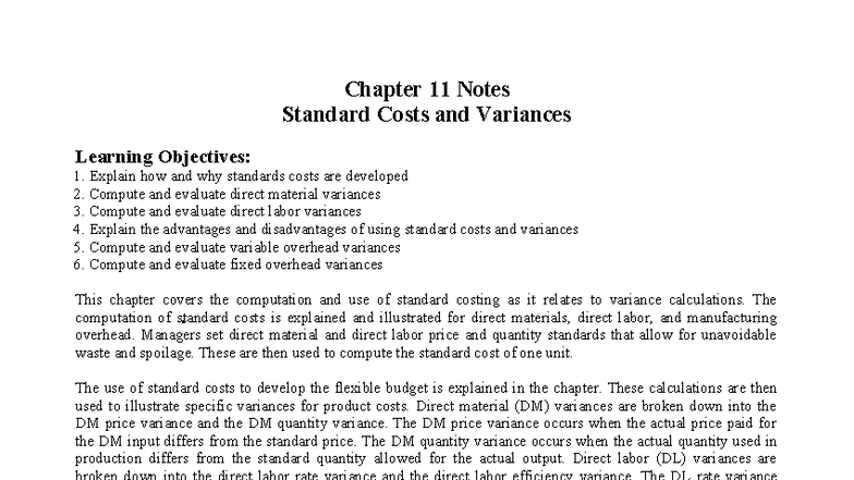 ACCT 2301 Chapter 11: Standard Costs & Variance Analysis Notes - Studocu