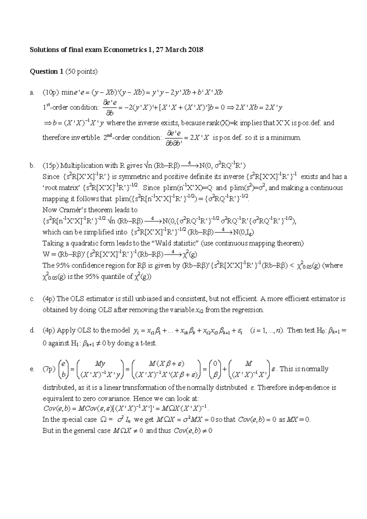 EC1 Final Exam Solutions - Econometrics 1 (27 March 2018) - Studeersnel