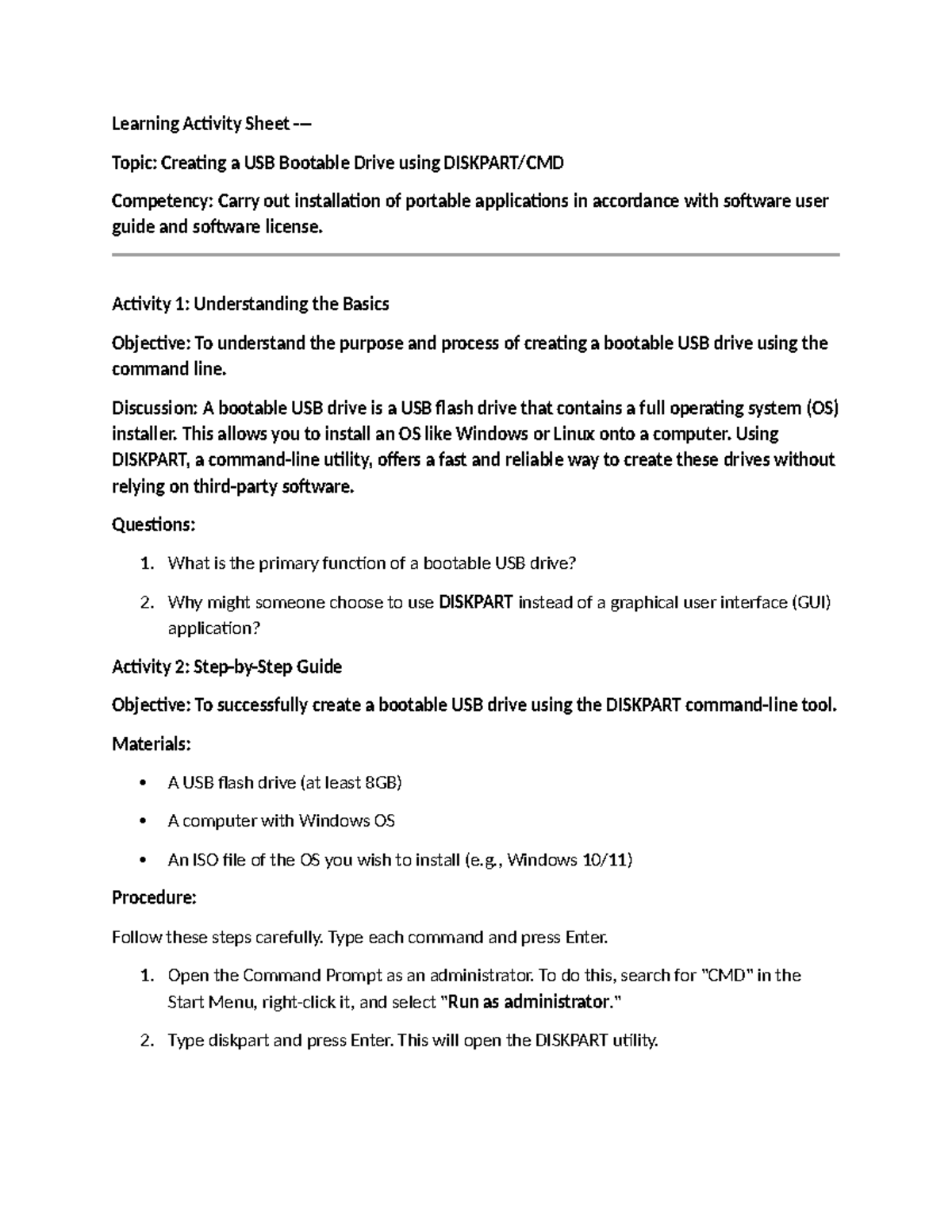 Creating a Bootable USB Drive: A Learning Activity Sheet - Studocu