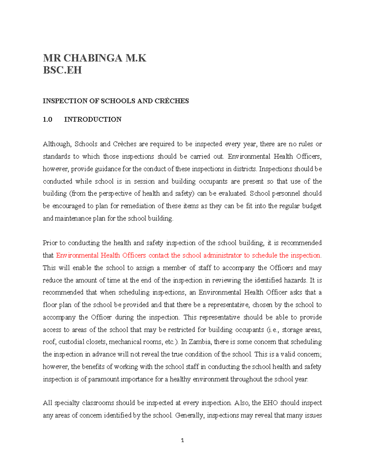 MR CHABINGA M.K BSC.EH INSPECTION OF SCHOOLS AND CRÈCHES: GUIDELINES ...