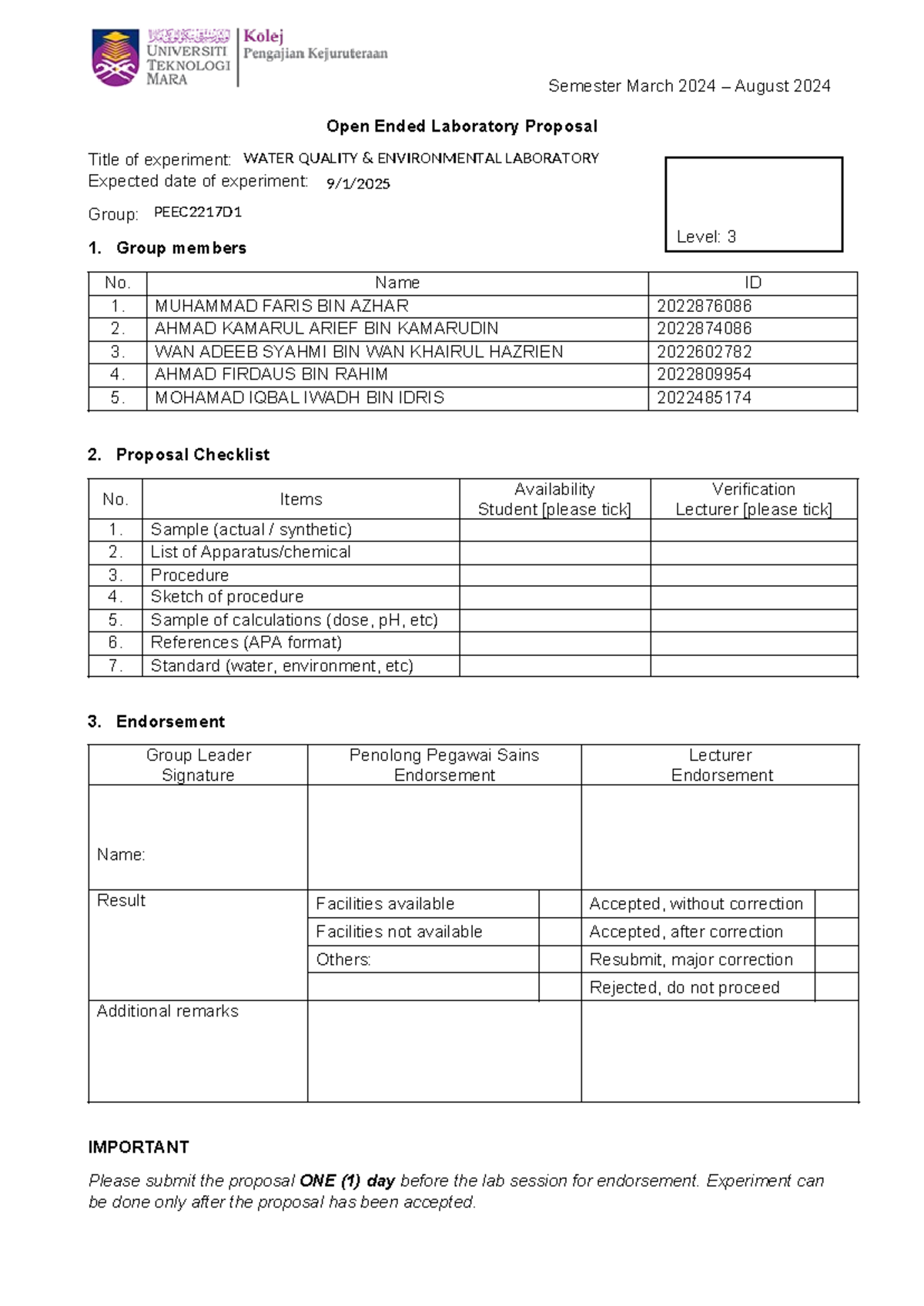 Proposal OEL3 - WATER QUALITY & ENVIRONMENTAL LABORATORY 9/1/ PEEC2217D ...