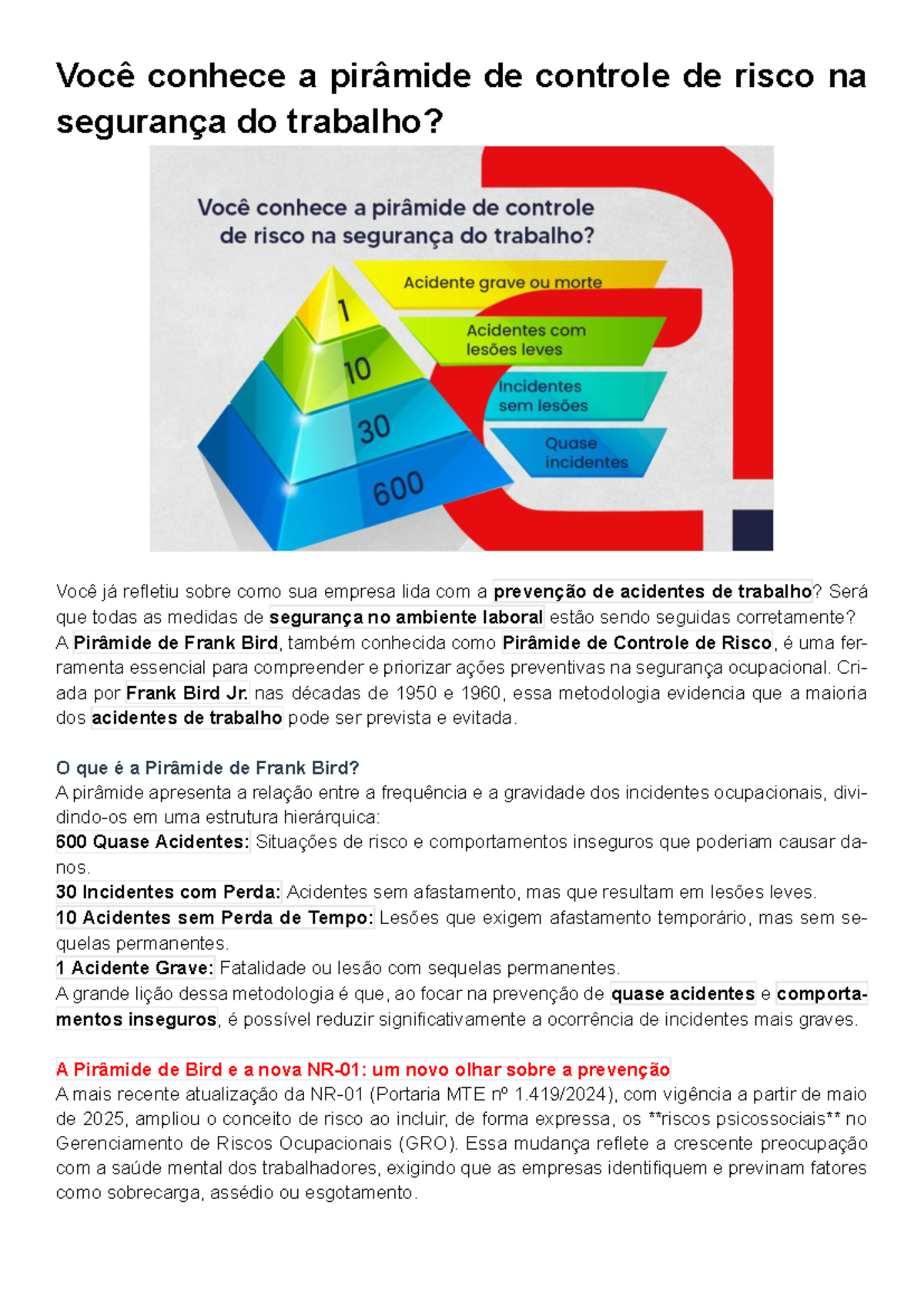 Pirâmide de Controle de Risco na Segurança do Trabalho: Reflexões e ...