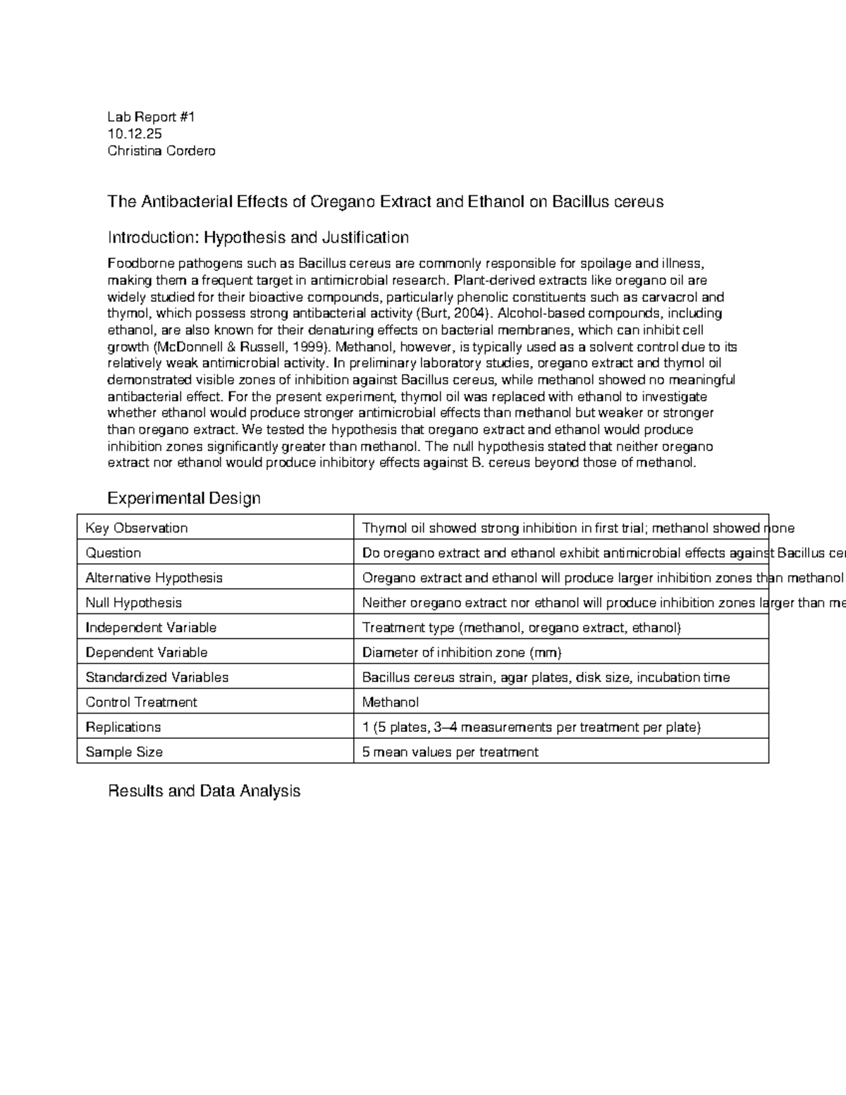 Lab Report 10.12.25: Antibacterial Effects of Oregano & Ethanol on ...