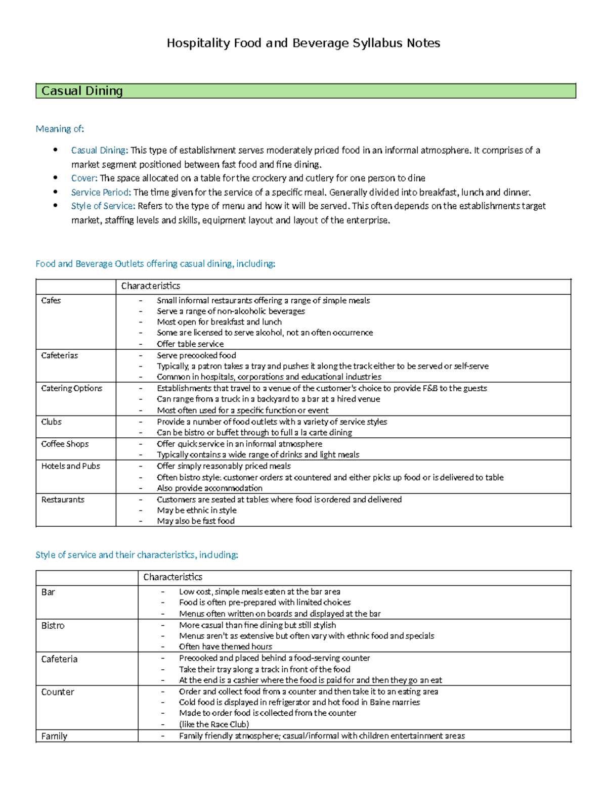Hospitality Serve F&B Notes: Understanding Casual Dining Concepts - Studocu