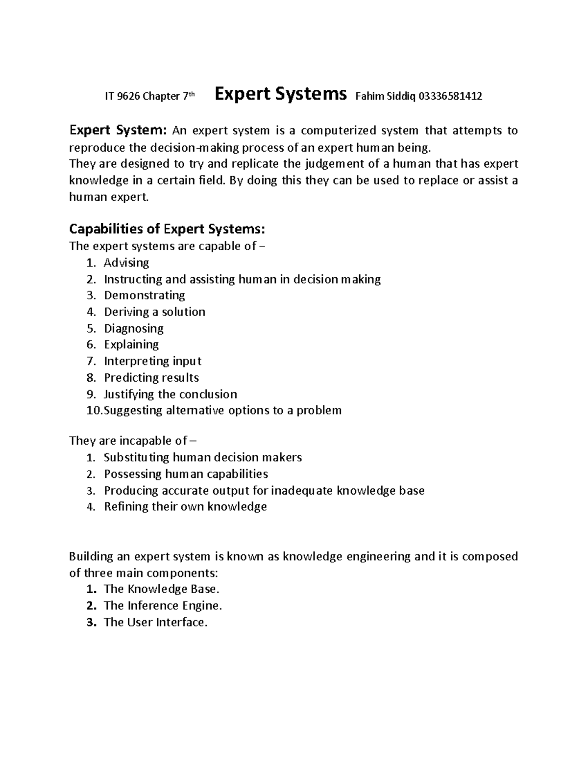 IT 9626 Chapter 7 Expert Systems Overview and Applications - Studocu