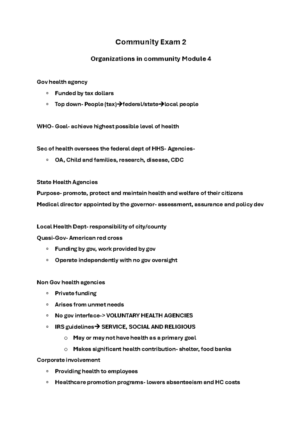Community Exam 2: Health Agencies & Services in Module 4-6 - Studocu