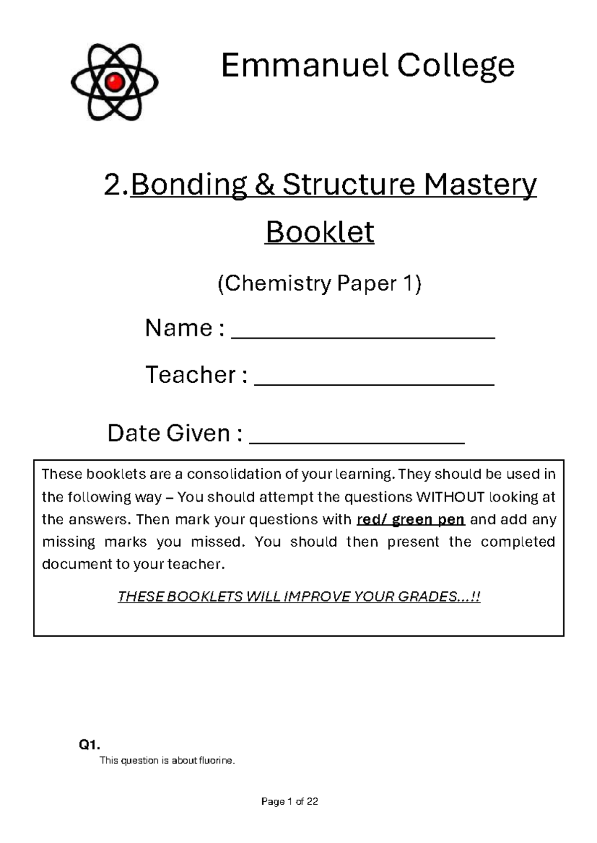 Emmanuel College 2. Chemistry Paper 1 Bonding Structure Mastery Booklet ...