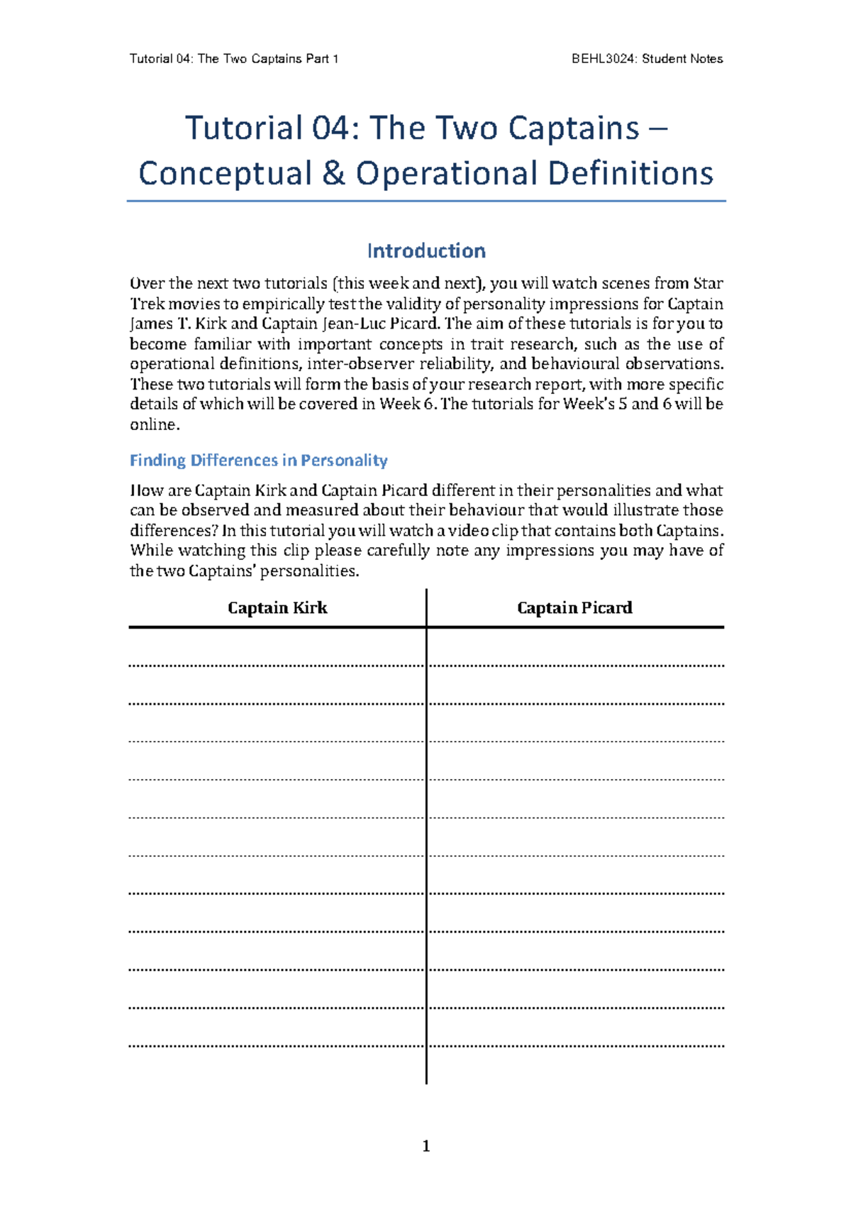 BEHL3024: Tutorial 04 - The Two Captains Personality Analysis Notes ...