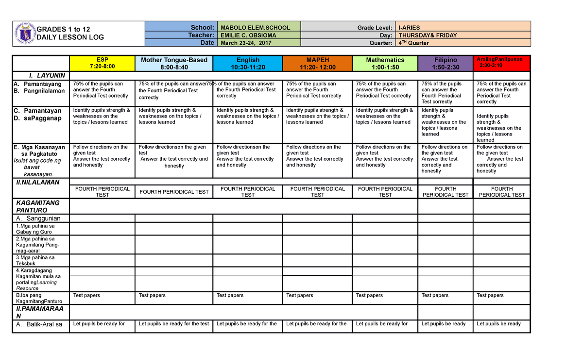 353982527 Daily Lesson Log: Fourth Periodical Test Overview - Studocu