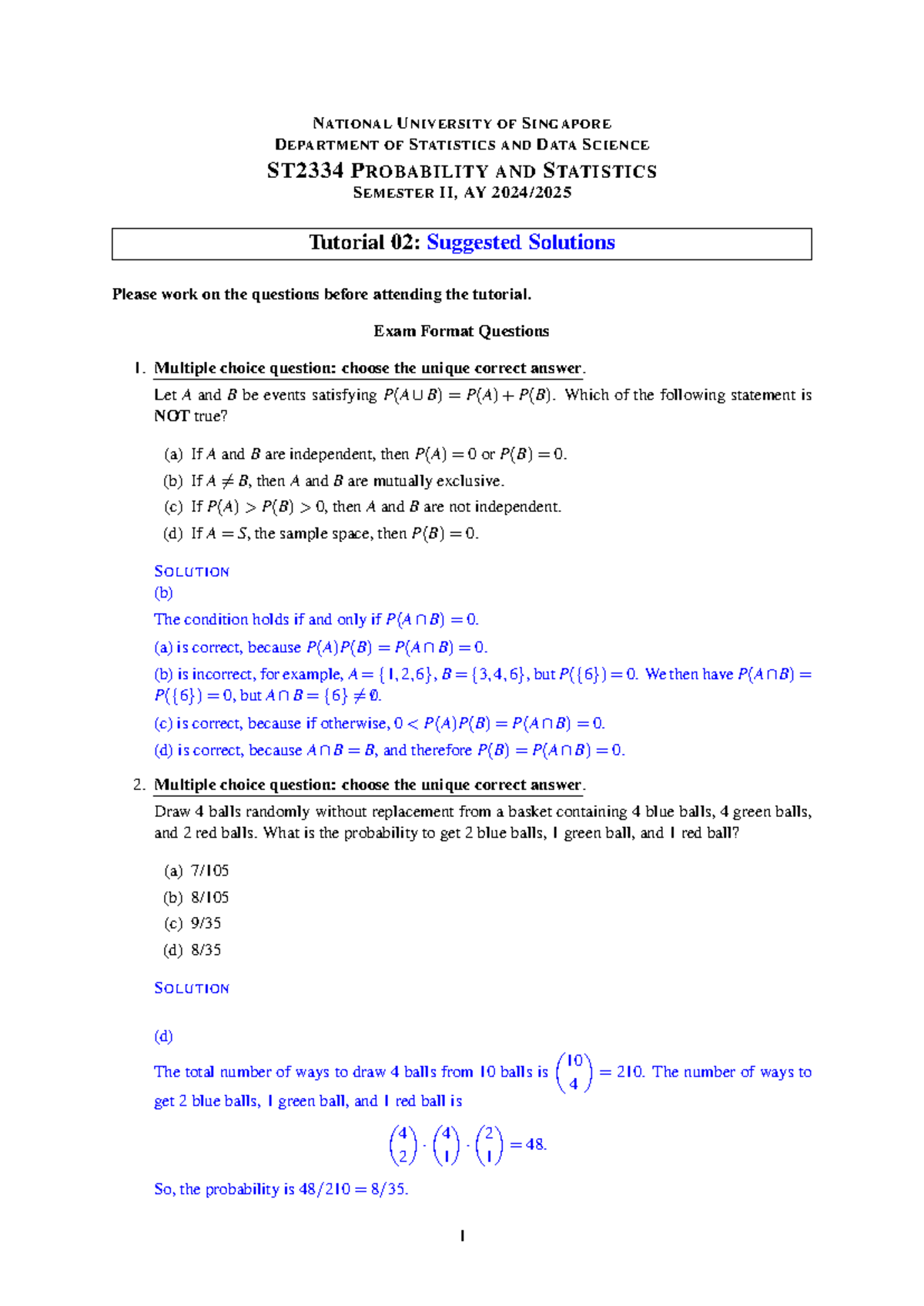 ST2334 Probability & Statistics: Tutorial 02 Suggested Solutions - Studocu