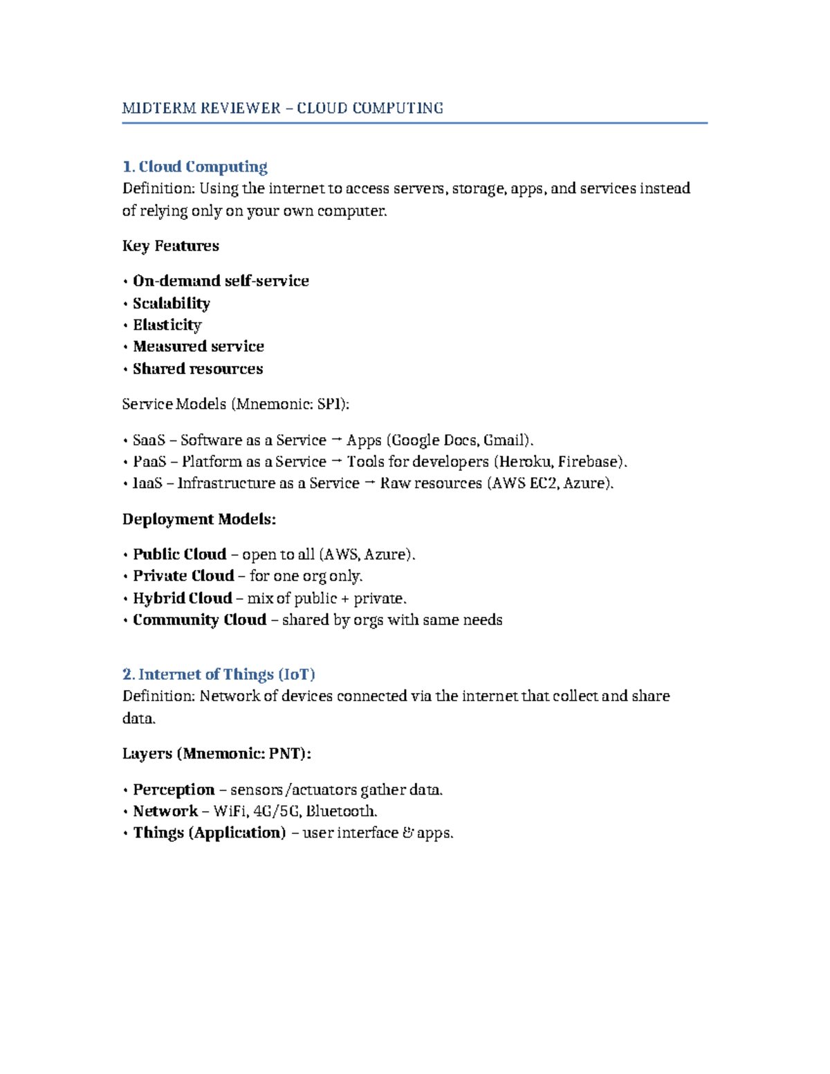 CC- Midterm Reviewer: Key Concepts in Cloud Computing and IoT - Studocu