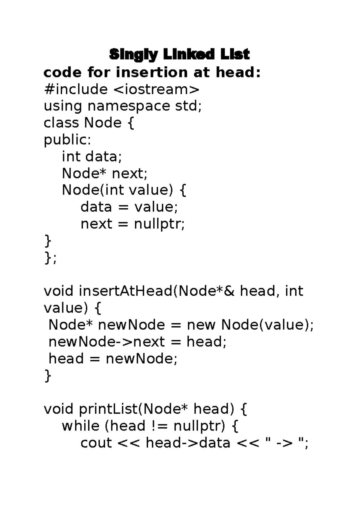 Singly Linked List Operations: Insertion & Deletion Code - Studocu