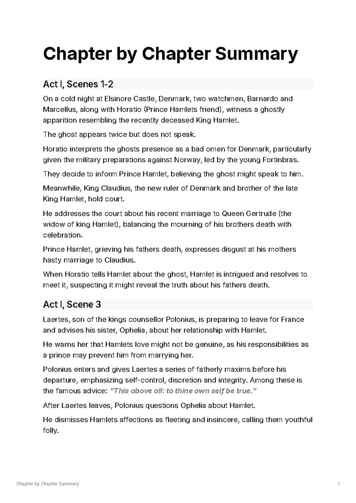 Hamlet Chapter by Chapter Summary - Chapter by Chapter Summary Act I ...