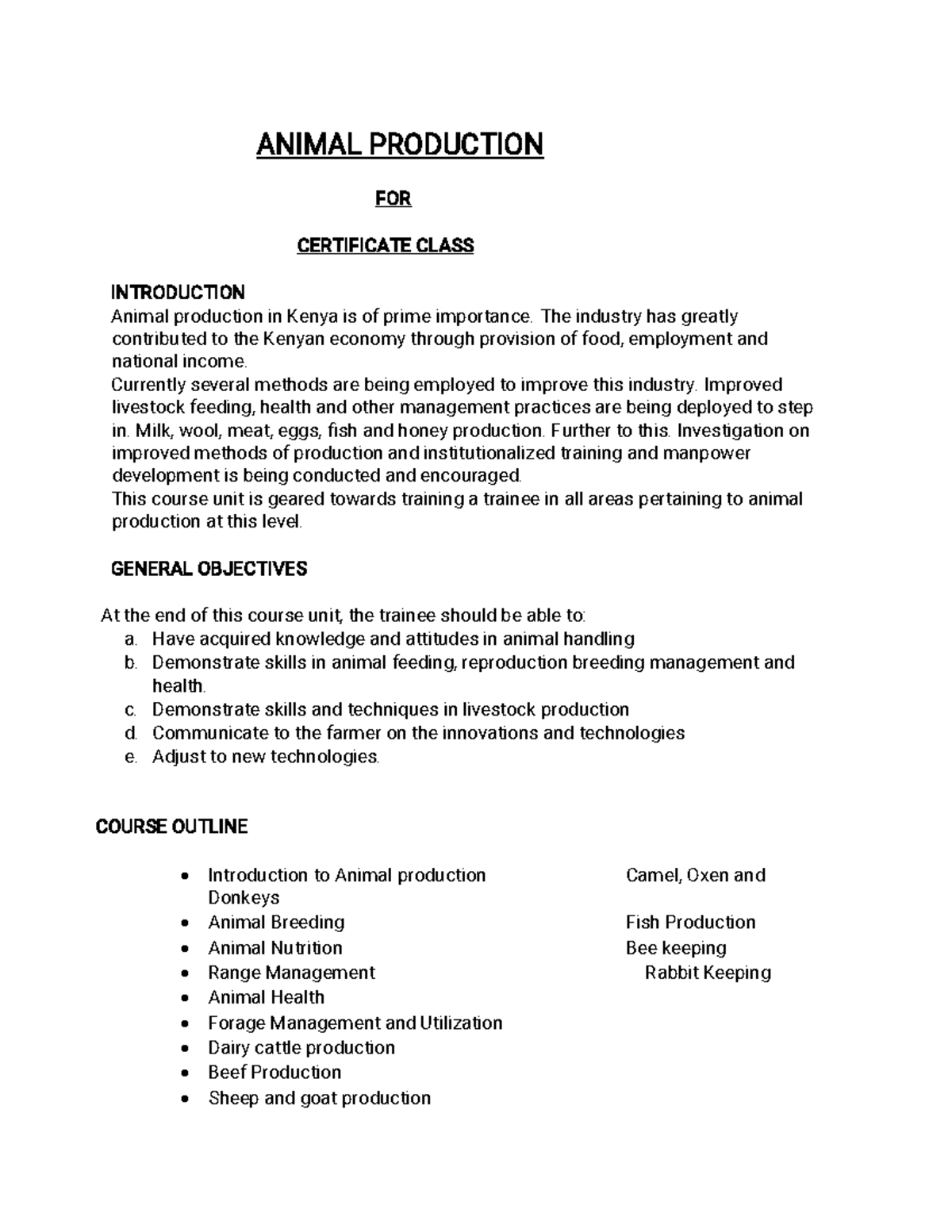 Certificate in Animal Production: Course Overview and Highlights - Studocu