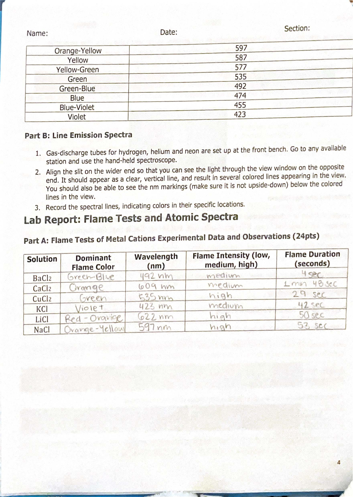 Lab Report: Flame Tests & Line Emission Spectra (Chem 101) - Studocu