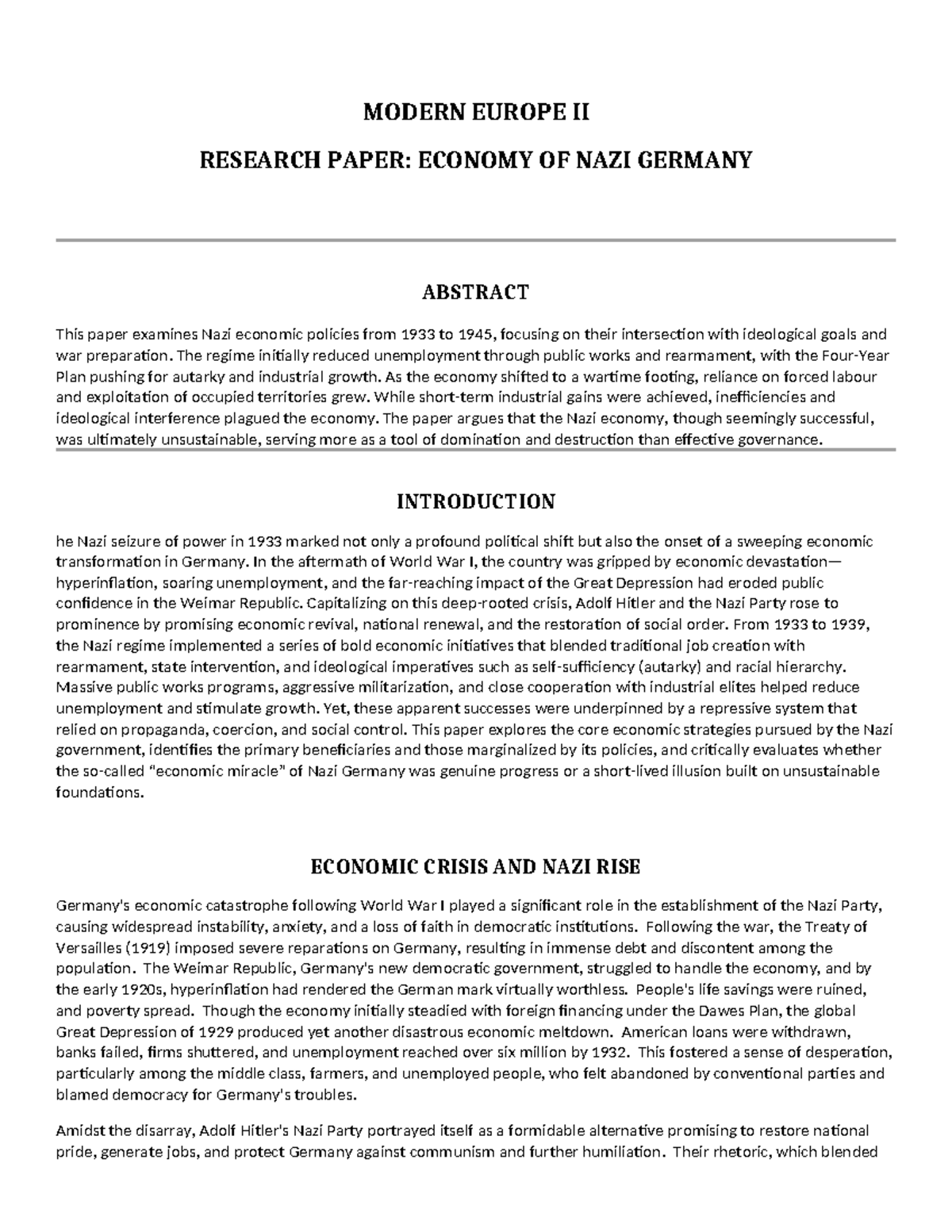 MODERN EUROPE II RESEARCH PAPER: ECONOMIC POLICIES OF NAZI GERMANY ...