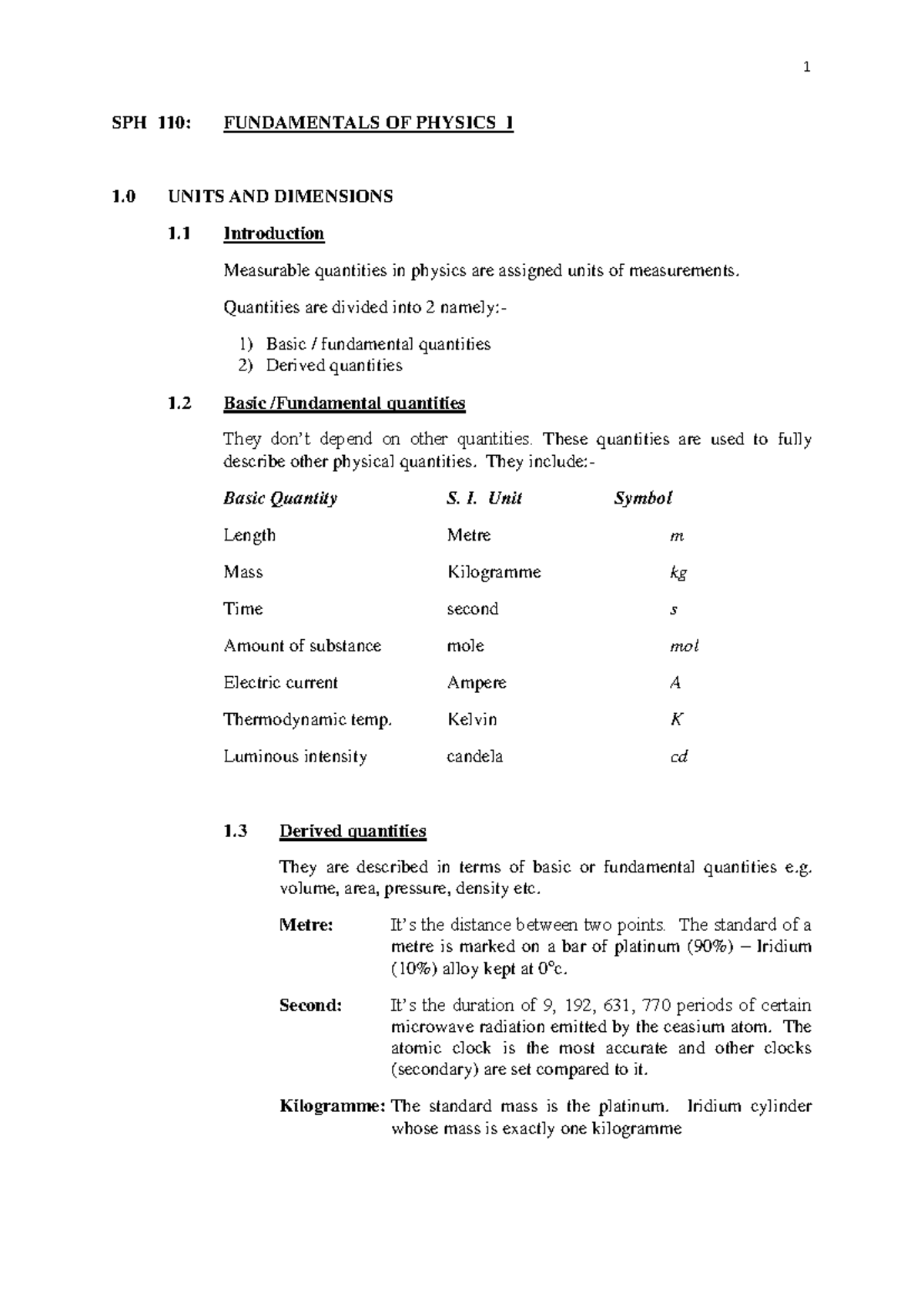 Physics for engineers - Lecture notes 1-10 - SPH 110: FUNDAMENTALS OF ...