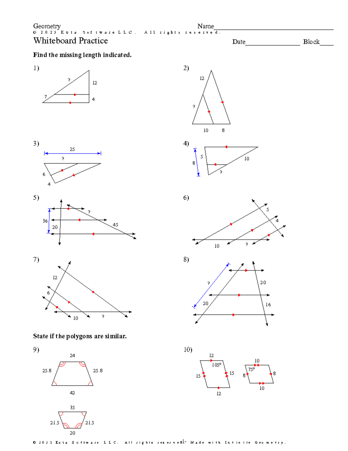Geometry E2F0O2n3J Whiteboard Practice: Missing Lengths & Similar ...
