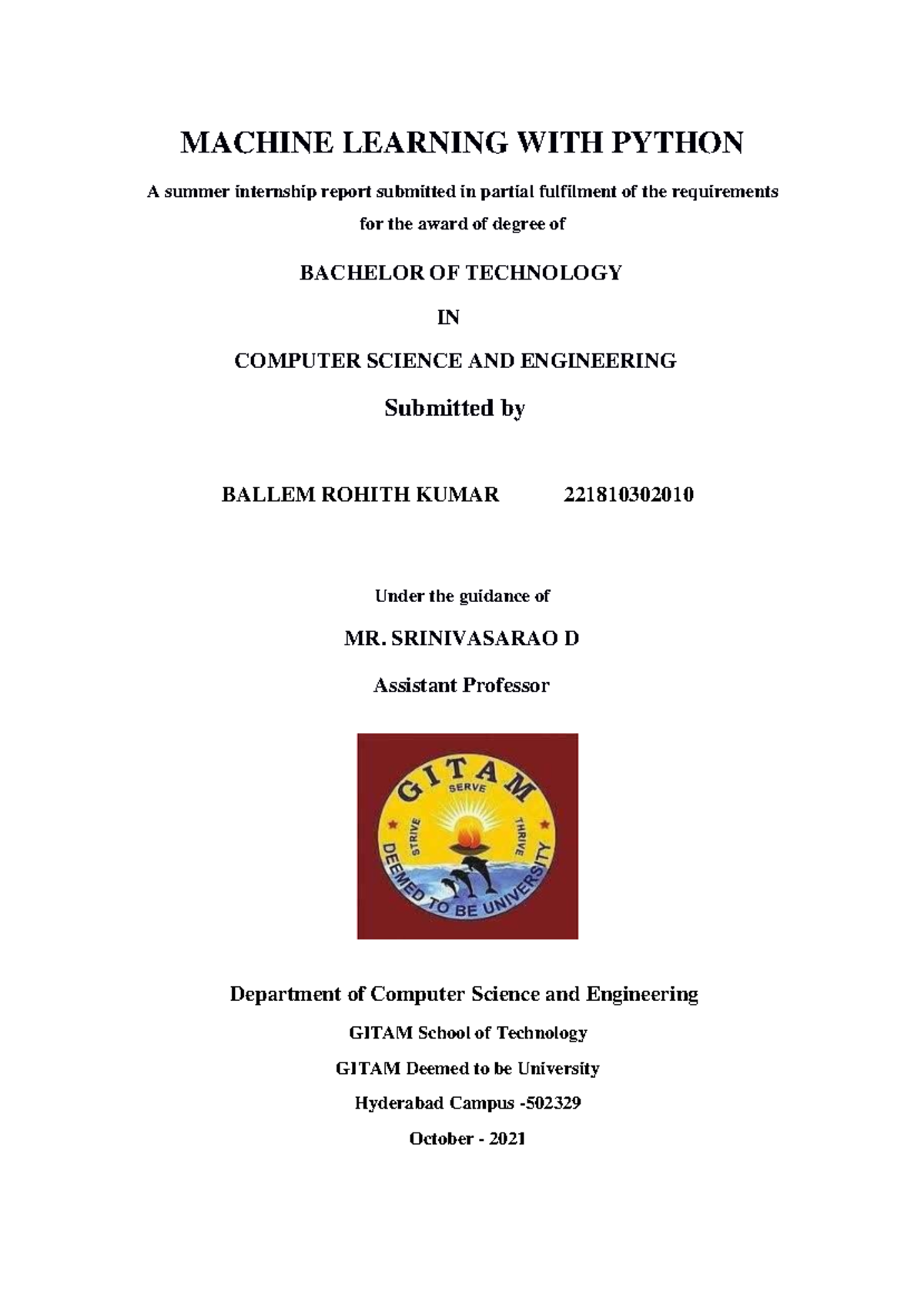 BTECH 221810302010: Summer Internship Report on Machine Learning with ...
