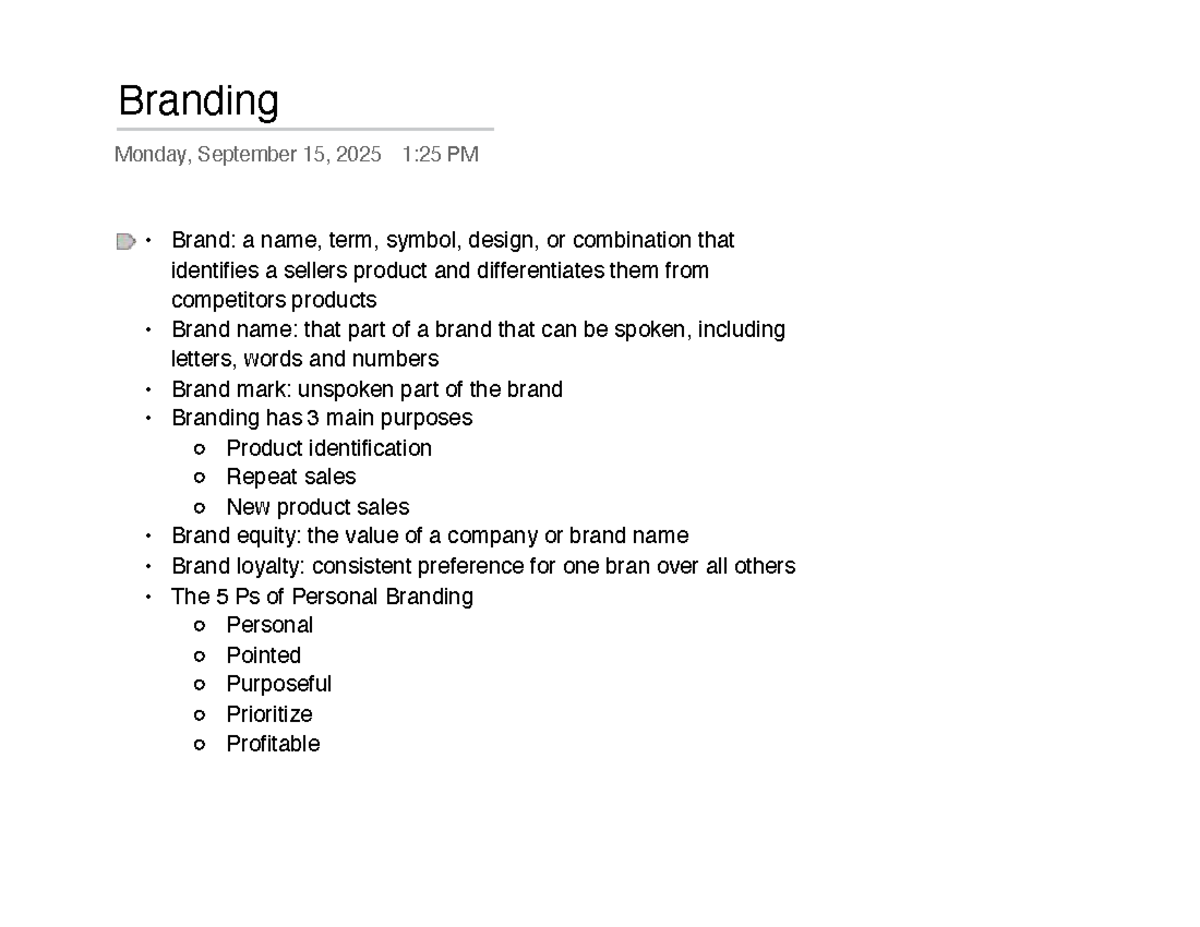 MKT 3401- Module 2 Branding Notes - Branding Monday, September 15, 2025 ...