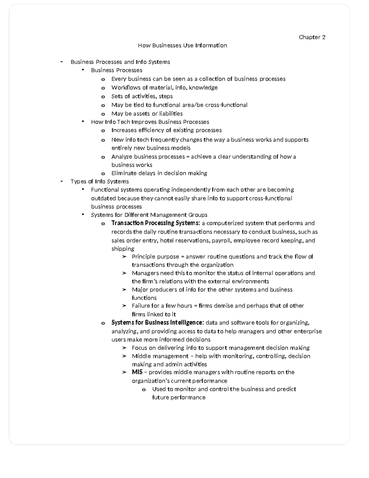 MIS Chapter 2: Business Processes and Information Systems Overview ...