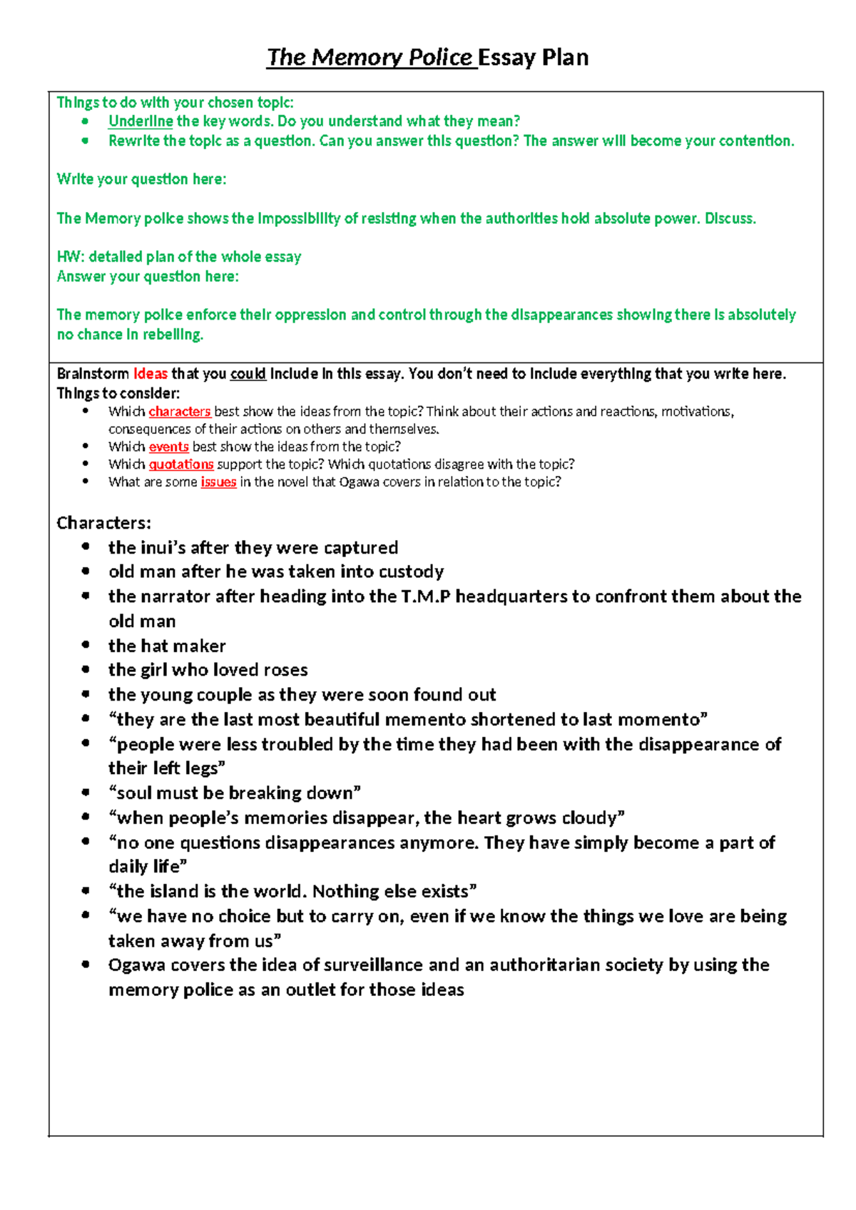 The Memory Police Essay Plan: Analyzing Resistance in Yoko Ogawa's ...