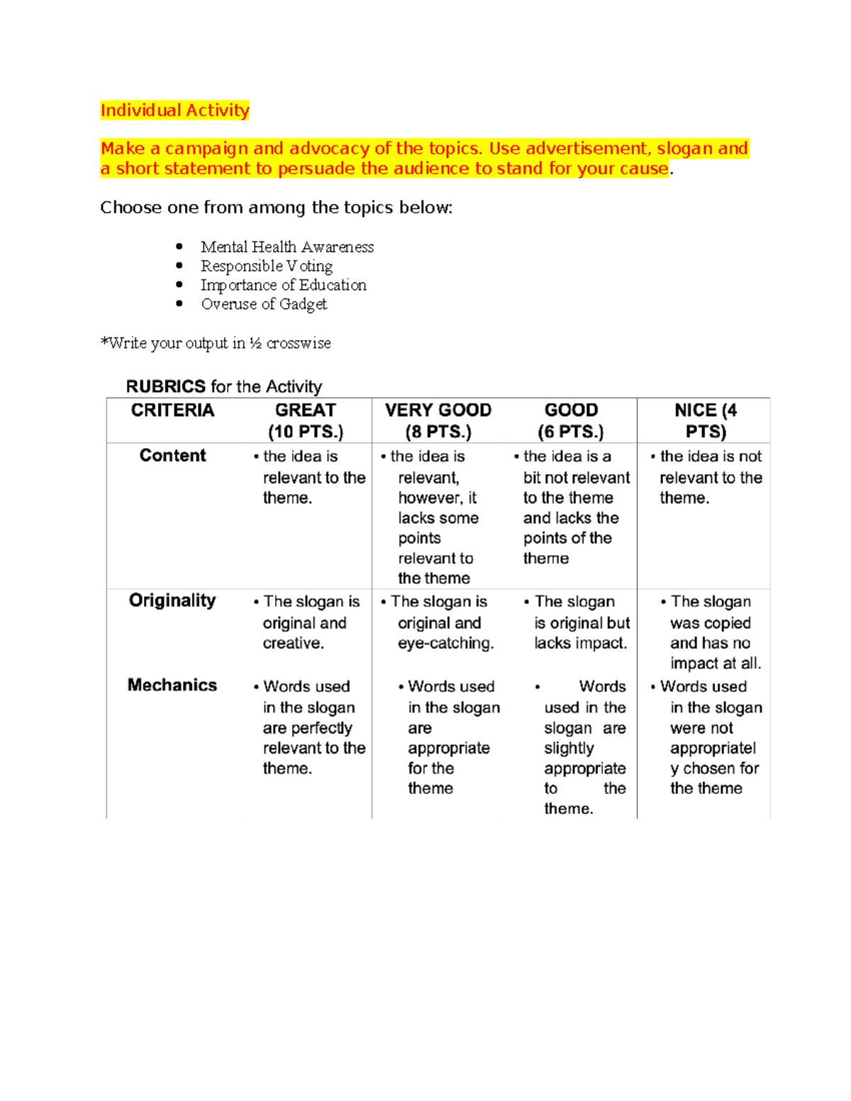 Campaign:advocacy task - AB Communication - Individual Activity Make a ...