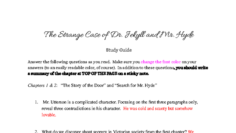 Jekyll and Hyde (ENG 101) Study Guide: Key Questions & Insights - Studocu