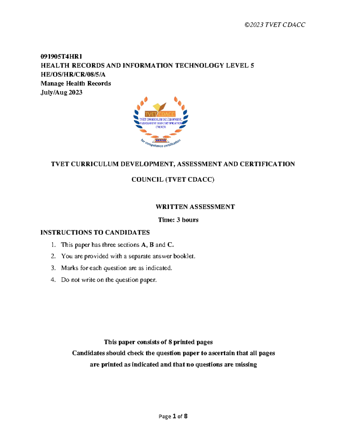 TVET CDACC 091905T4HRI Level 5 Health Records Management Assessment ...