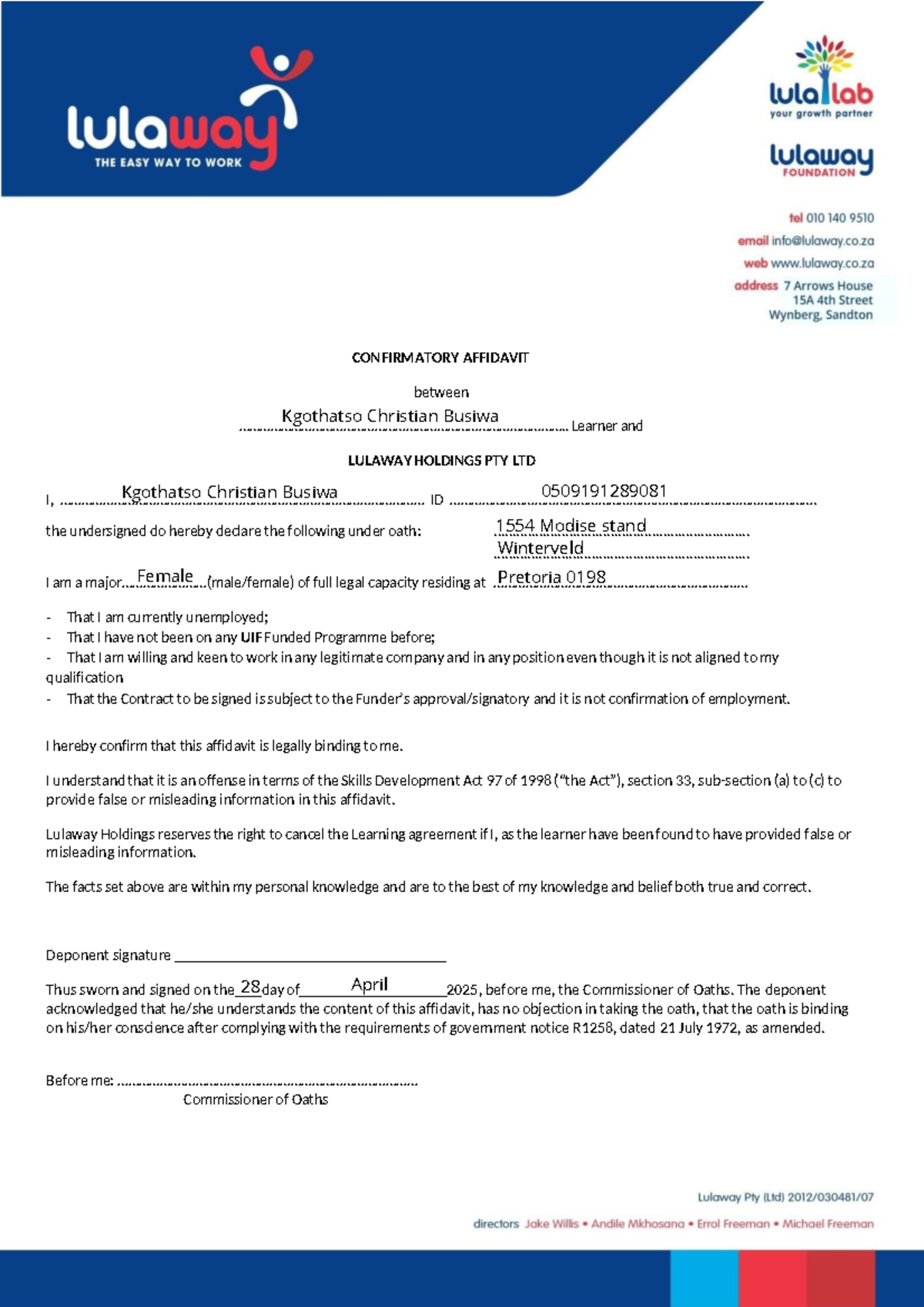Confirmatory Affidavit for Lulaway Holdings Agreement - Studocu