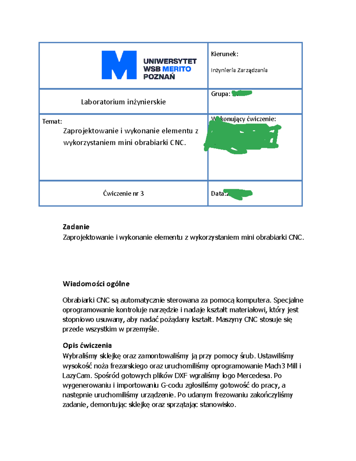 Inżynieria Zarządzania k44: Laboratorium CNC - Sprawozdanie Ćwiczenia 3