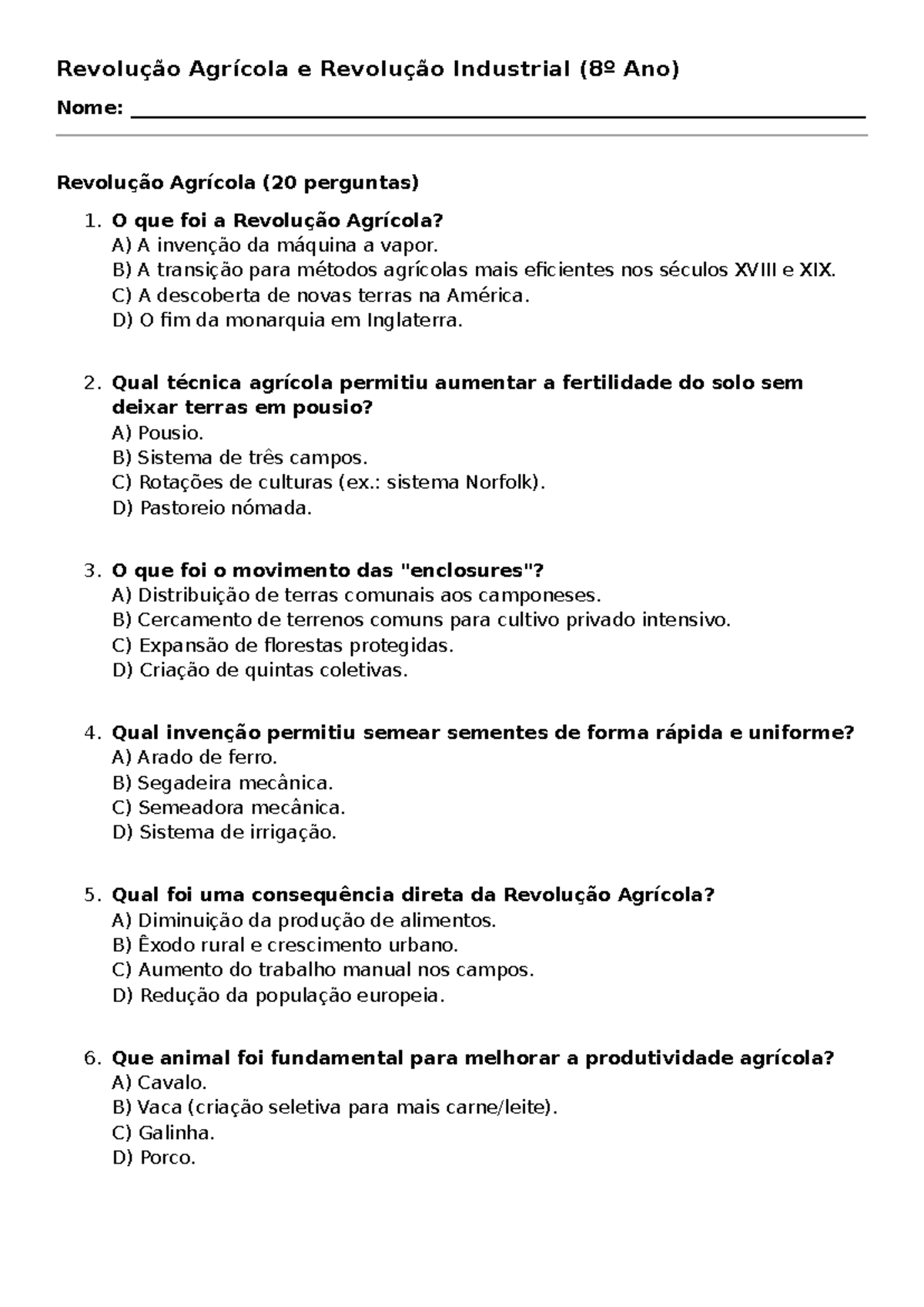 Revolução Agrícola e Industrial: Questões e Respostas (8º Ano) - Studocu