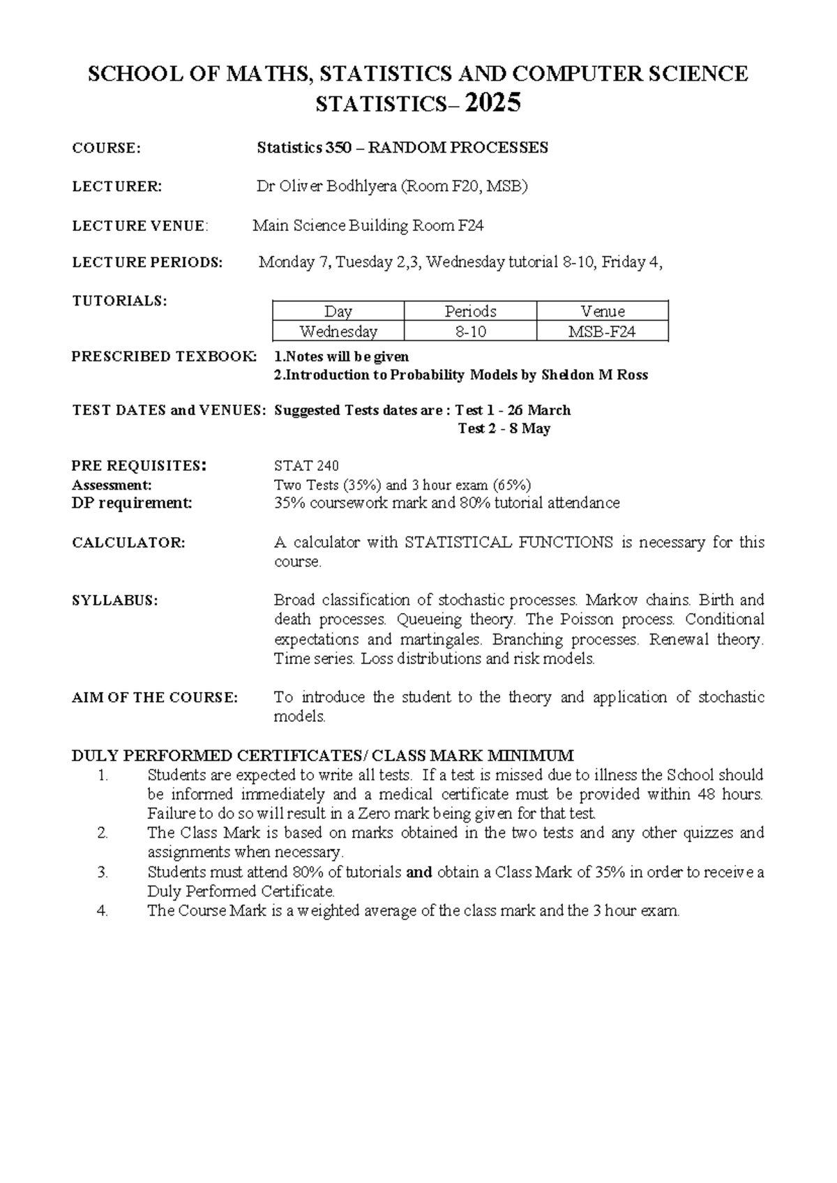 STAT 350 2025 Course Outline: Random Processes & Assessment Details ...