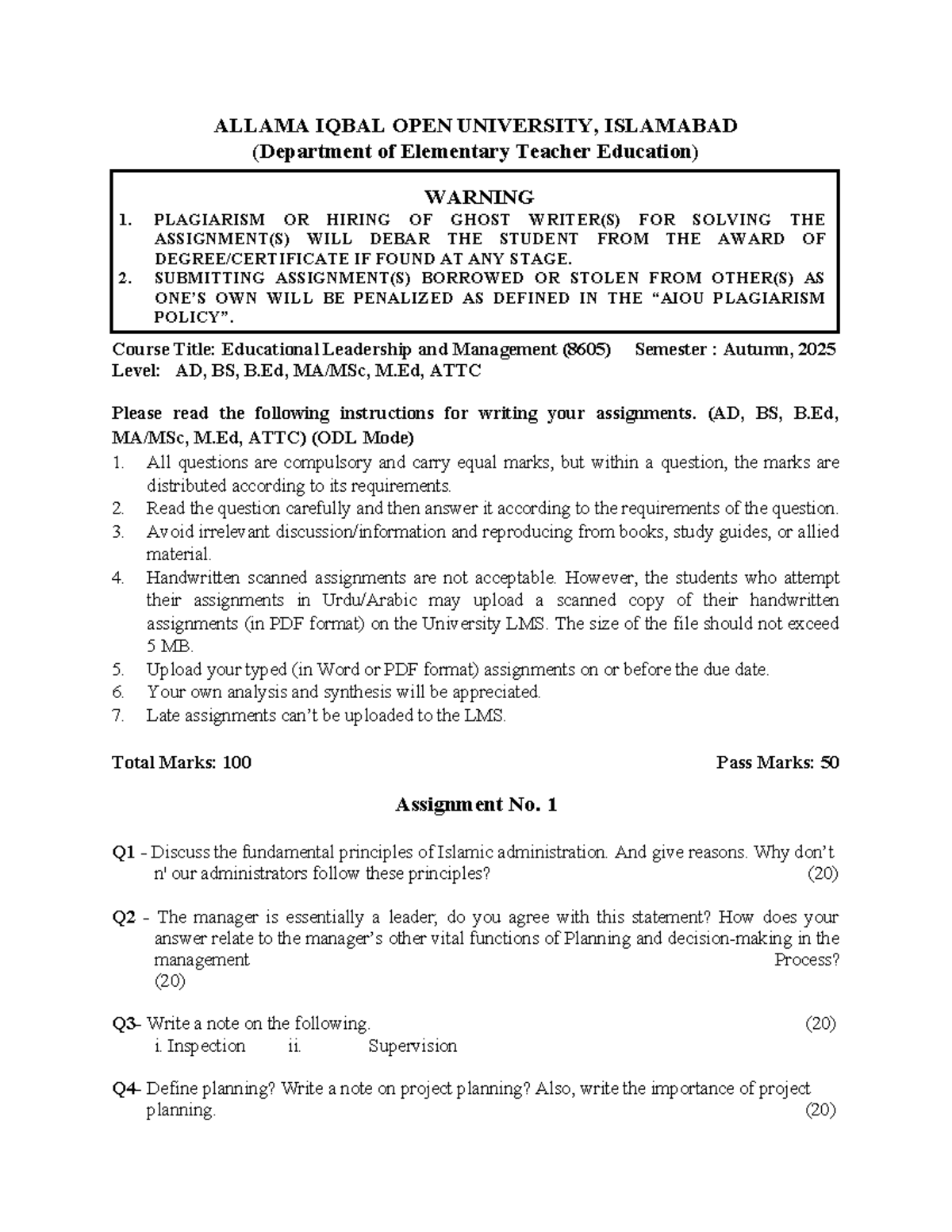 Educational Leadership & Management (8605) Assignment Guidelines ...