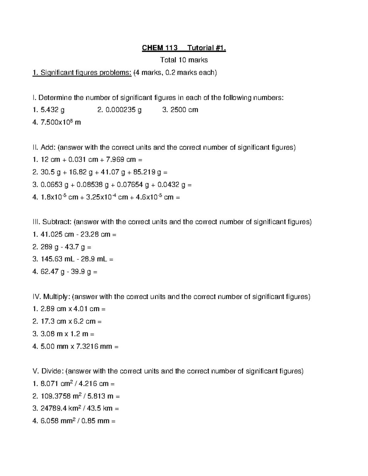 CHEM 113 Tutorial 1 Problem Set on Significant Figures (10 Marks) - Studocu