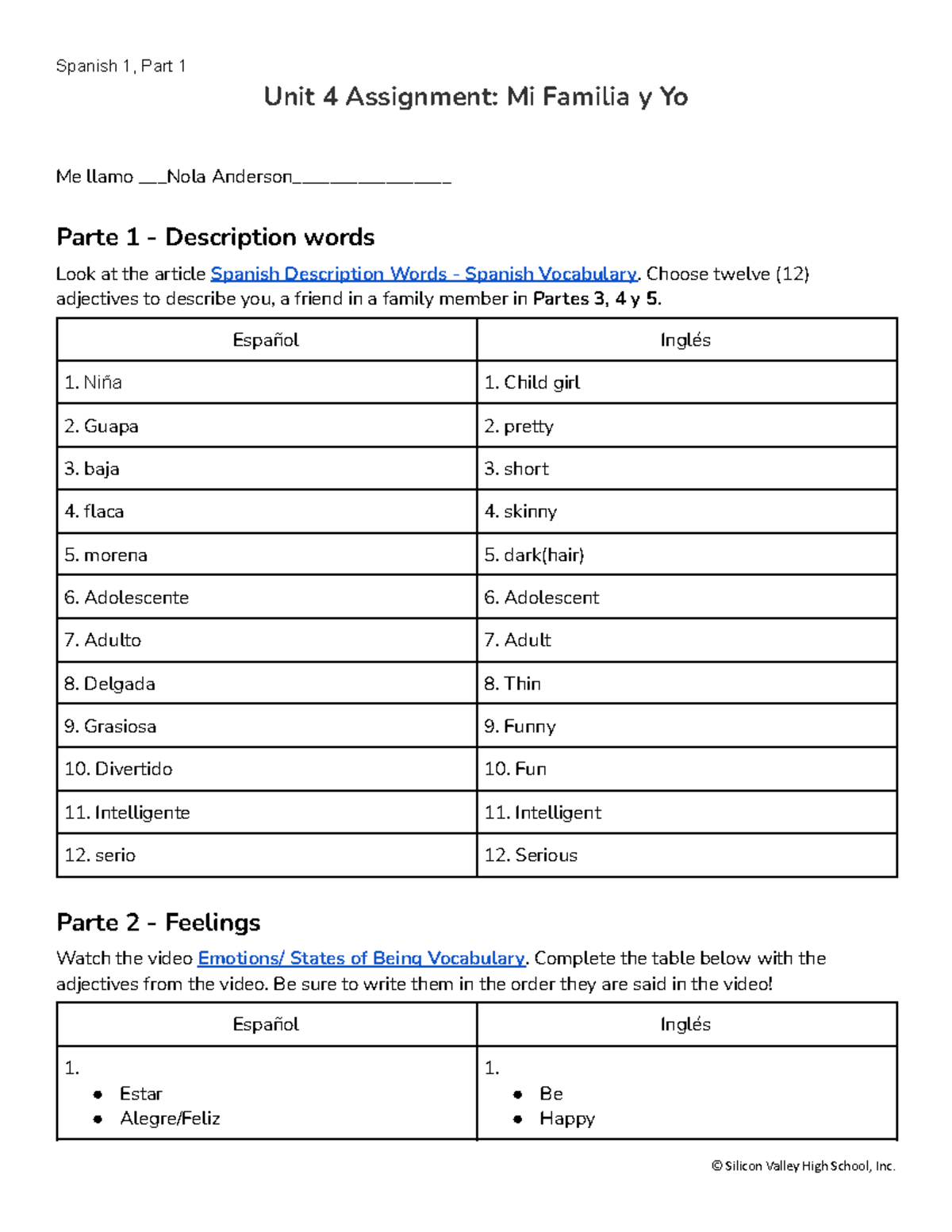 Spanish 1, Part 1 Unit 4 Assignment: Describing Myself and My Family ...