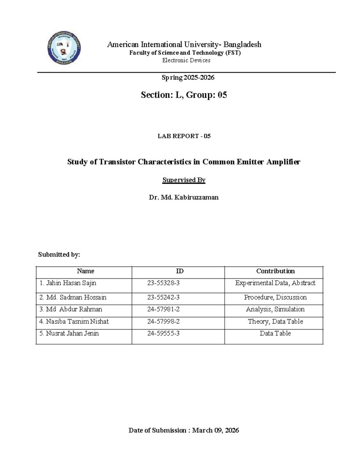 FST 2026 Lab Report 05: Transistor Characteristics in Common Emitter ...