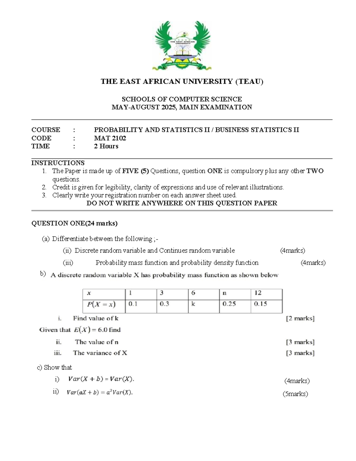 Probability and Statistics II Exam Paper - MAT 2102 (2025) - Studocu