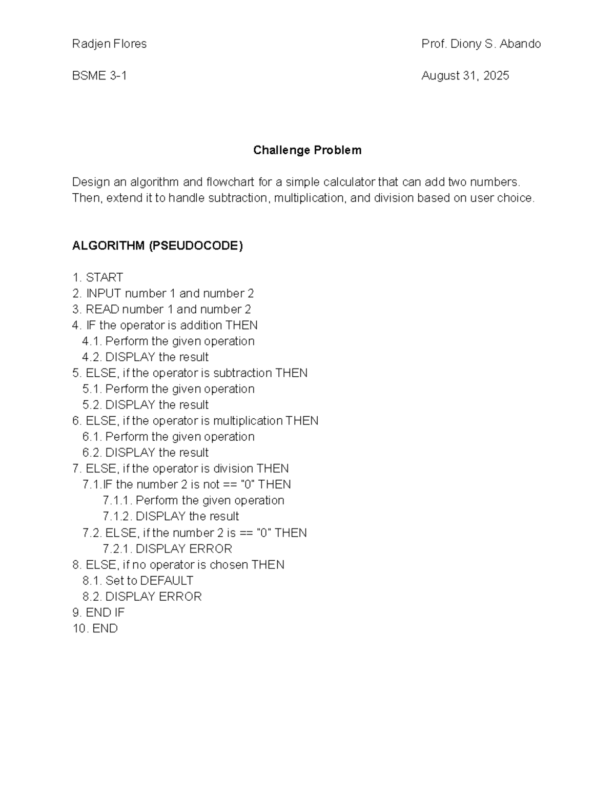 BSME Challenge Problem: Algorithm & Flowchart for Simple Calculator ...