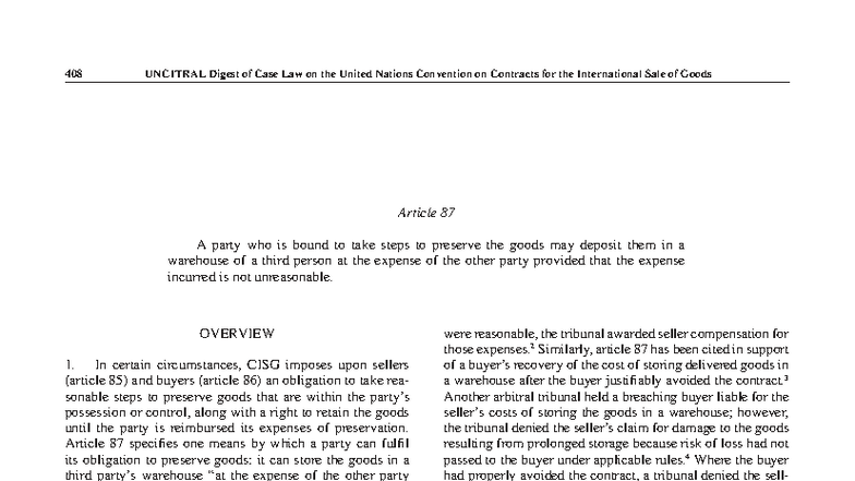 2016 UNCITRAL CISG Digest: Case Law on Article 87 - Studocu